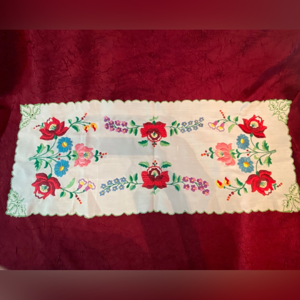 Colorful Vintage Late 20th Century Hand Embroidered Table Runner from Hungary